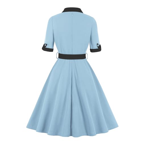 Women Short Sleeve Tie Neck Vintage Cocktail Party Dress Buttons Down 50s Flared A-Line Casual Office Work Prom Swing Dress2