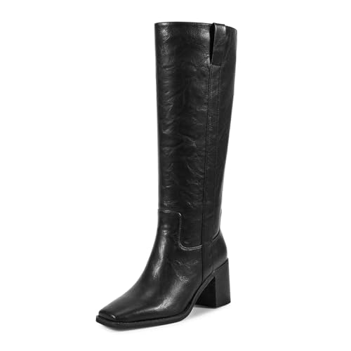 ISNOM Black Knee High Boots for Women with Square Toe, Womens Black Tall Boots with Zipper Casual Chunky Heel Knee High Riding Retro