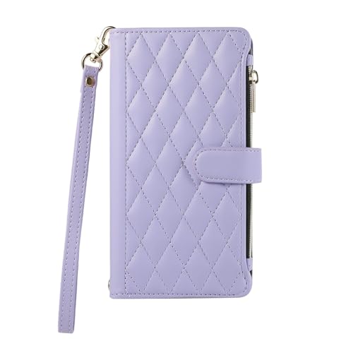 Étui iPhone 12 Pro Max lilas en cuir à rabat avec fermeture éclair et fentes pour cartes