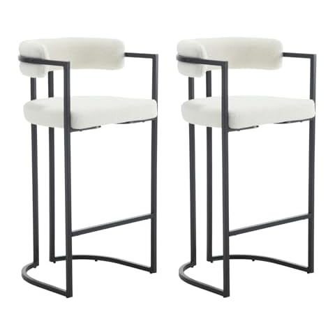 Guyou Modern 30 Inch Barstools Set of 2, White Sherpa Bar Stools with Curved Back, Upholstered Boucle Bar Stools with Black Legs, Barrel Bar Stools for Dining Room Kitchen Island Home Bar Cover