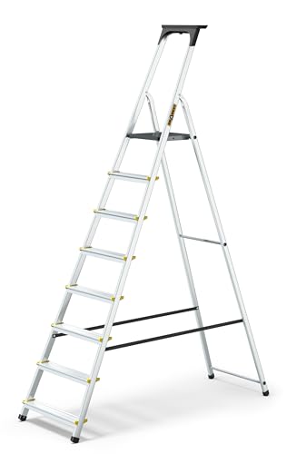 DRABEST Escalera Serie Pro Escalera Multiusos 8 peldaños Escalera Plegable Escalera de Aluminio con Bandeja de Trabajo Escalera de Tijera Capacidad de Carga hasta 150 kg Gancho Libre