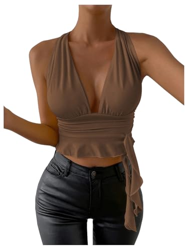 SOLY HUX Women's Sexy Deep V-Neck Halter Crop Top Summer Beach