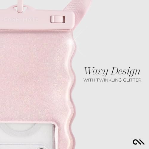 Image of Case-Mate Wavy IP68 Large Waterproof Phone Pouch - Ballet Pink Twinkle | Hidden Pocket for Card /Cash - Floating Mobile Cover w /Crossbody Lanyard - Fits All Phones - Travel Accessory for Beach & More