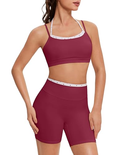 OMKAGI Workout Sets for Women Cute Doubel Layer Open Back Sports Bras Gym Shorts Outfits(M 751-Polka Dot Burgundy White)