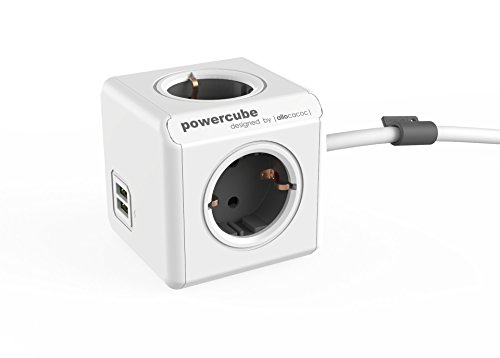 Dr. Bott Power-kubus Extended DuoUSB EU grijs, stekkerdoos met 4 stopcontacten en 2 USB-poorten, bureau montagekit en 1,5 m kabel, 230 V, 10 A max.