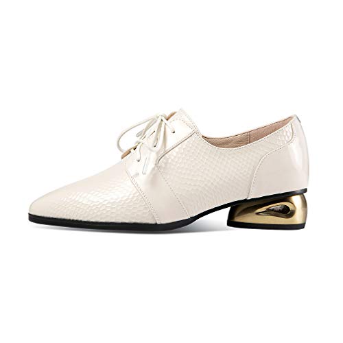 TinaCus Women's Patent Leather Handmade Pointed Toe Low Golden Chunky Heel Lace Up Scale Classic Pumps2