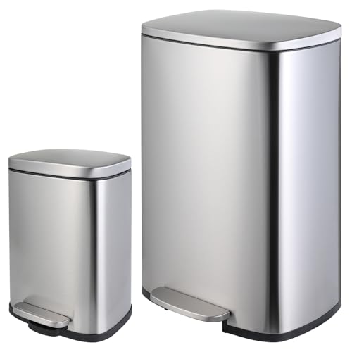 ComfyCorner 13.2+1.3 Gallon Trash Can Combo Set, Stainless Steel Garbage Bin with Pedal, Removable Inner Waste Bucket, Anti-Fingerprint, Soft-Close Locking Lid Dustbin for Kitchen, Bathroom, Office