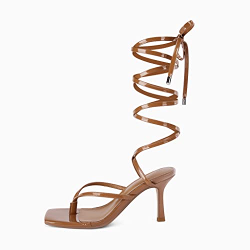 Coutgo Womens Strappy Thong Heels Sandals Sexy Lace up Wrap Ankle Strap Square Toe High Heeled Dress Summer Party Shoes2