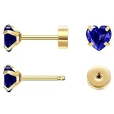 Heart Flat Back Stud Earrings 5mm Tiny Hypoallergenic Screw Back Earrings for Women, Handmade Birthstone Earring 14k Gold CZ Earrings for Her (Dec Tanzanite, golden)