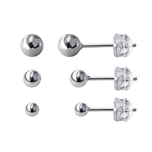 HANFLY Set of 3 Pairs Of Small 925 Sterling Silver Round Ball Stud Earrings Assorted Sizes (Smooth Ball)