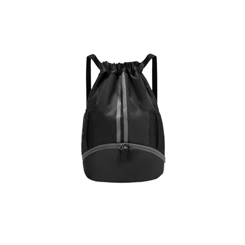 Wet & Dry Separation Bag, Drawstring Gym Bag with Shoe Compartment & Wide Comfort Straps Large Sackpack for Swimming Basketball Footy Travel PE Sports Gear Black