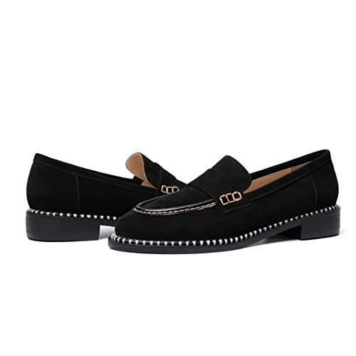 Image of FOGEENA Womens Penny Round Toe Casual Fashion Slip On Suede Leather Chunky Low Heel Loafers Dress Shoes 1 Inch
