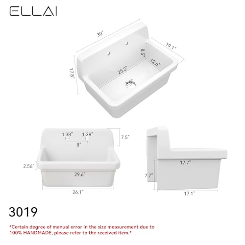 ELLAI Wall Mount Utility Sink Wall Mounted Laundry Tub Ceramic Farm Style High Back Farmhouse Sink for Laundry Room, Garage, Kitchen, Bathroom, White 30\" x 19\" x 18\"