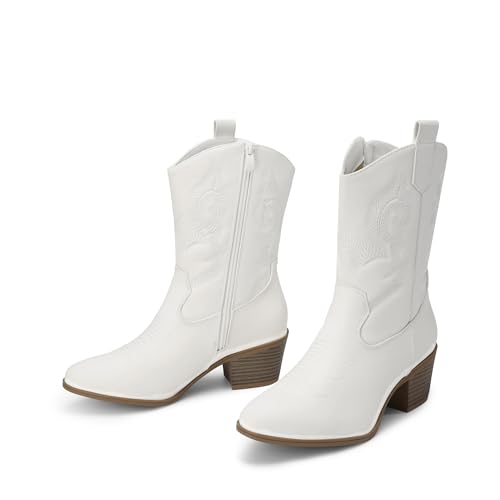 Image of DREAM PAIRS Mid Calf Cowboy Cowgirl Boots for Women | Round Toe Western Boots, Chunky Low Heel, Embroidery Boot, Country Music Festivals Theme Party
