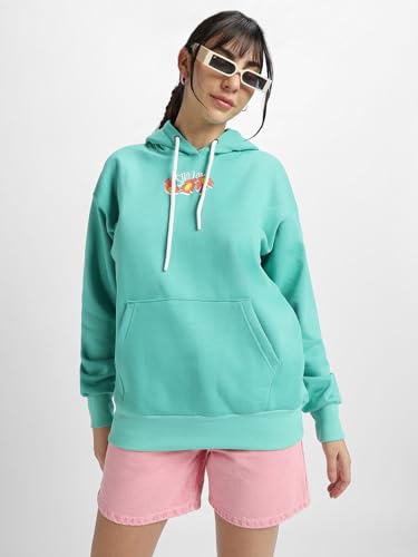 Image of JUNEBERRY Cotton Poly Fleece Oversized Fit Black, Green, Magenta, Mustard, Orange, Purple, Blue, Off White & Grey Graphic Printed Full Sleeve Hoodie for Women