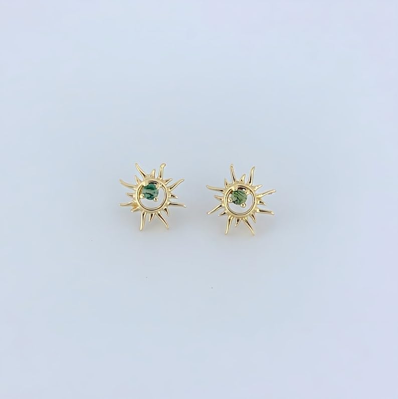 Sun Stud Earrings, 3 MM Stone Moss Agate Stud Earrings, Push Back Stud Earrings, Dainty Round Stud, Sterling Silver Stud, Anniversary engagement Gift for Mother