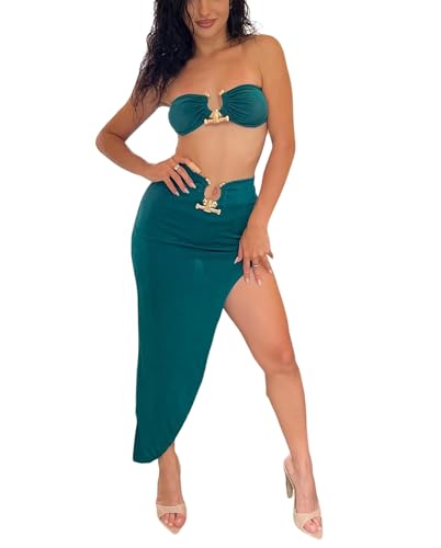 Women's 2 Piece Outfits Crop Tube Tops and Split Long Skirt Set