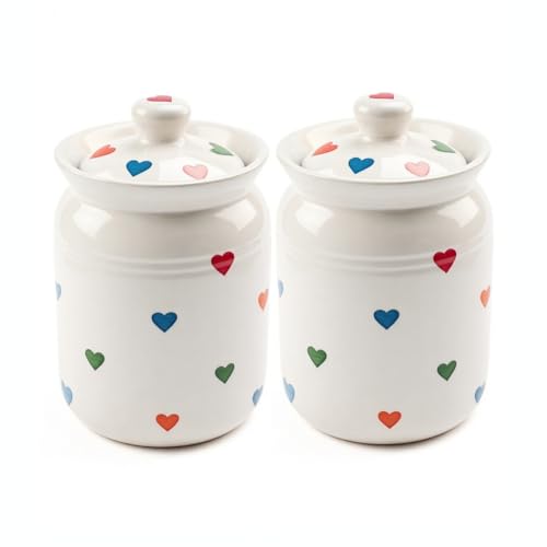 Image of Multi Heart Printed Ceramic Handglazed Pickle Jars Set of 2-1000 ML Each | 1 kg Achaar Martban Barni Jar with Lid | Ceramic Storage Jar Container Pickle, Chatney