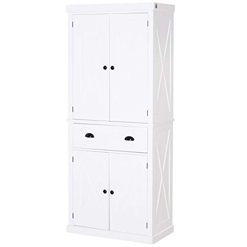 HOMCOM 6ft Wood Farmhouse Colonial Kitchen Pantry Cabinet, with Adjustable Shelves, 2 Wood Pantries, a Drawer, White