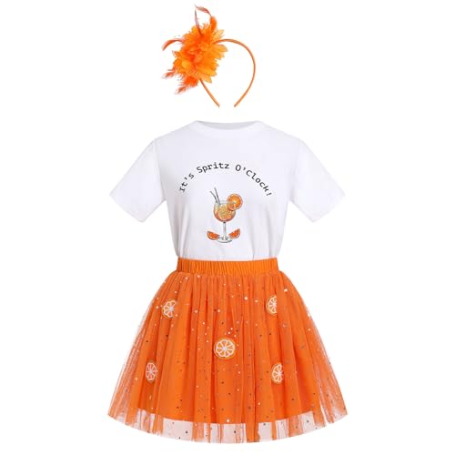 Odizli Aperol Kostüm Damen Its Spritz Oclock Kurzarm Shirt Tshirt + Orangen 3D Obst Tüllrock Rock + Feder Haarreif Outfit Set Frau Karneval Fasching Faschingskostüme Orange XL