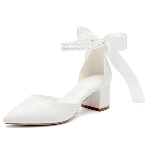 Women's Block Heels Wedding Shoes,Pearl Satin Pumps Heel for Women,Low Chunky Sandals Ankle Strap Wedding Dress Pump Shoes Sandals