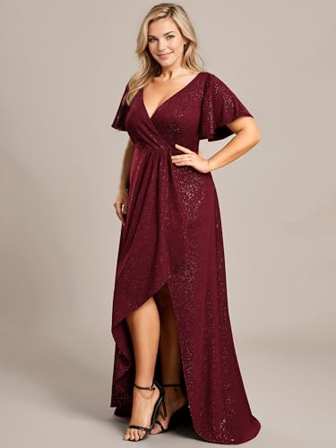 Image of Ever-Pretty Womens Glitter High Low Plus Size Cocktail Wedding Guest Dress | V-Neck, Ruffle Sleeve, High Stretch, A-Line, Front Slit, Plus Size Formal Dresses Evening Gowns