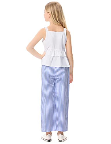 Image of Girl's 2 Piece Striped Outfits Cami Top Wide Leg Pants Ruffle Hem Summer Clothes with 2 Pockets 3-14Y