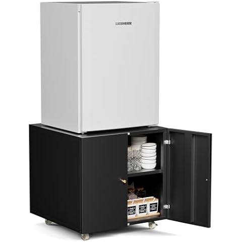 INMOZATA Fridge Cabinet Large Fridge Stand with Storage Printer Tables for Small Spaces with Door Adjustable Shelf Metal Printer Stand with Wheels for Home Office (Black - 23.62" H) Cover