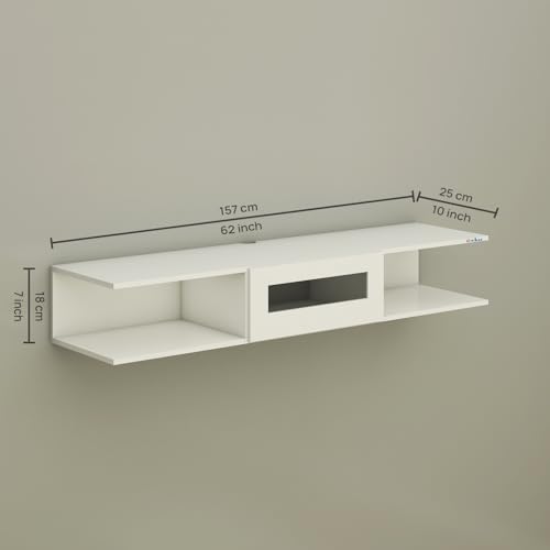 Image of Anikaa Vetra Wall Mount Modern Floating TV Unit for Living Room with Open Shelf Storage Cabinet & Middle Cabinet Blue LED Light (Ideal for 32 to 65 inch TV, DIY Installation, White Finish)