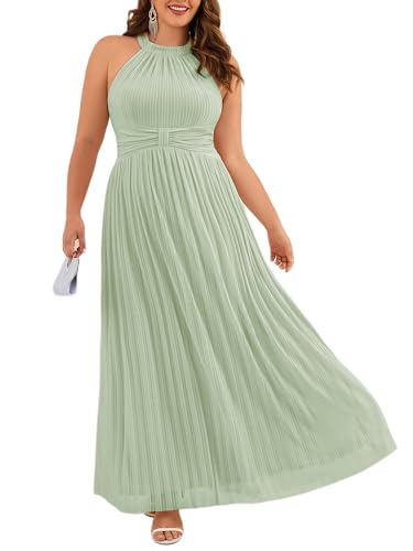 Image of Ever-Pretty Plus Women's Floor Length A-Line Halter Sleeveless Pleated Glitter Plus Size Formal Dress Evening Gown