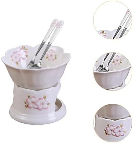 AFXGUSD Chocolate Ceramic Cheese Fondue Melting Pot Butter Warmer Dessert Heater with Fork Spoon and Base Suitable for Home Cooking Snack time, White Pot, White Bowl - 1