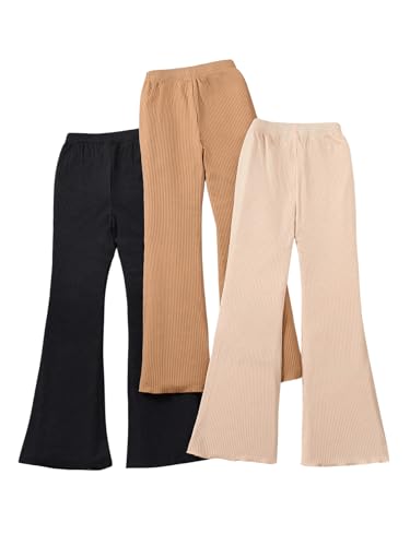 WDIRARA Girl's 3 Pack Elastic Waist Flare Pants Ribbed Bell Bottoms Pants Lettuce Trim Trousers