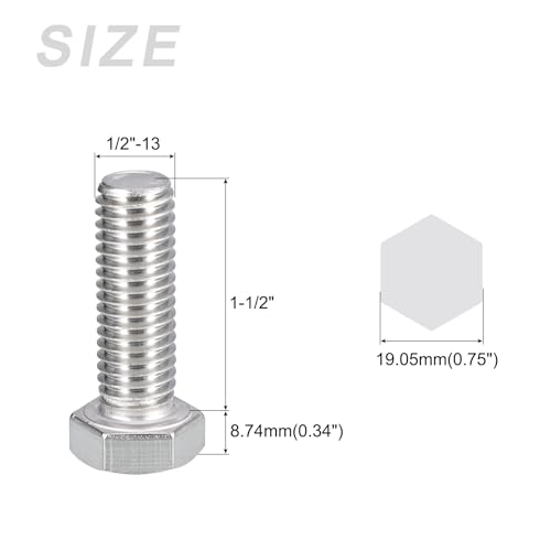 Image of METALLIXITY Hex Head Bolts (1 /2-13 x 1-1 /2 inch) 20Pcs, 304 Stainless Steel 18-8, Fully Threaded, External Hex Drive, Plain Finish, Hex Head Screw Bolt, Silver