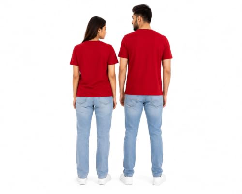 Image of Matching Couple T Shirt for Men & Women | Heartbeat Printed Cotton Couple T-Shirt | Round Neck Half Sleeve Regular Fit | Valentine's Day, Pack of 2 | Red