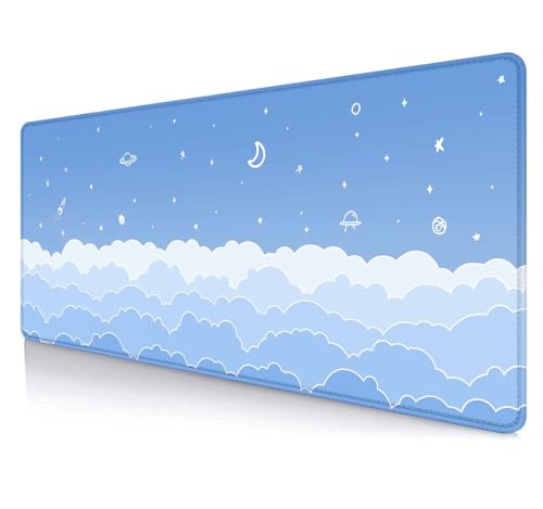 LTHAOGUO Joli tapis de bureau bleu clair, tapis de souris Kawaii Anime Gaming avec nuages pastel, étoiles et lune, tapis de souris minimaliste blanc menthe, XL, 80 x 30 cm