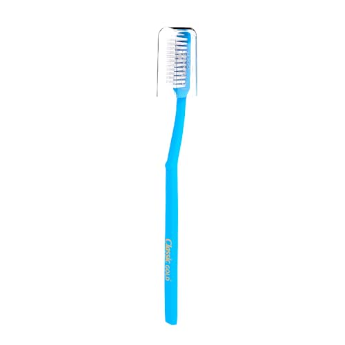 Image of Classic Gold Supreme Manual Toothbrush for Adults | With Hard Dupont Tynex Bristles for Healthy Gums and Anti Bacterial Cover Cap | Pack of 12 Pieces - Multicolor