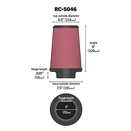 Image of K&N High-Flow Original Lifetime Universal Clamp-On Air Filter: High Performance, Premium, Washable: Flange Diameter: 6 In, Filter Height: 9 In, Flange Length: 0.625 In, Shape: Round Tapered, RC-5046