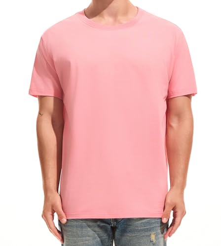 RONOMO Men's Solid Colour T-Shirt 95% Cotton 5% Spandex | Pre-Shrunk Washed | Reinforced Ribbed Collar | Colourfast | Casual Basic Tee Slim Fit（LW Pink L