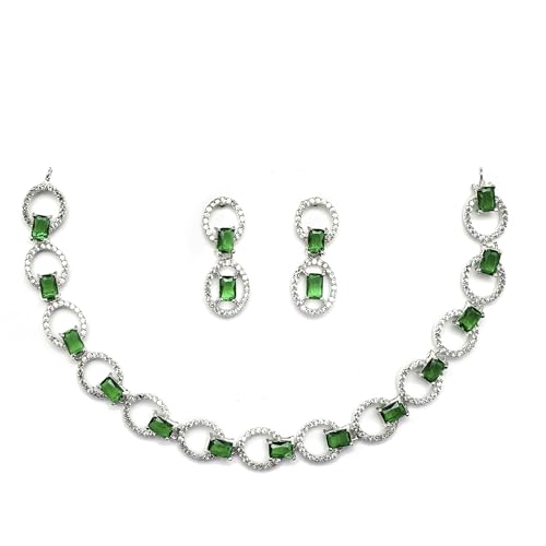 Image of ZENEME Rhodium-Plated American Diamond Studded Disc-Shaped Necklace With Earrings Jewellery Set For Girls and Women