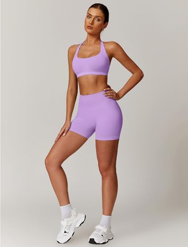 Image of ABOCIW Workout Sets for Women 2 Piece seamless Halter Sports Bra Scrunch Butt Impact Shorts Gym Yoga Outfits