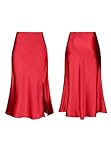 Mist Azur Women Silky Satin Side Split Skirt High Waist Elastic Elegant A Line Midi Skirts for Women MA7301 (Red, M)