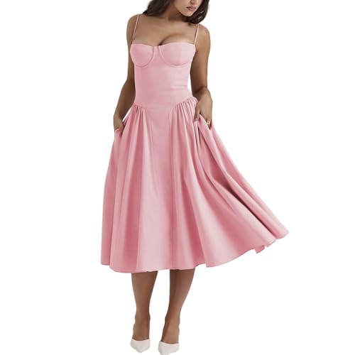 Women's Corset Dress Vintage Spaghetti Strap A-Line Midi Elegant Bustier Cocktail Party Evening Tea Dresses Pocket Pink