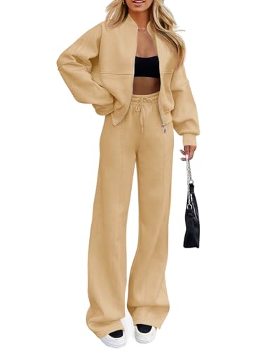 Image of Fisoew Women's Two Piece Outfits Sweatsuits Long Sleeve Zip Up Sweatshirts and Wide Leg Sweatpants Tracksuit Sets, Medium, Apricot