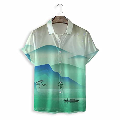 Chemise hawaïenne pour hommes de couleur vert lac imprimé tropical coupe décontractée