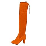 Thigh High Boots for Women Faux Suede Over The Knee Boot Womens Round Toe Chunky Heels Lace Up Fashion Long Boots Orange