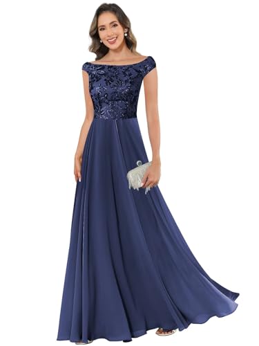 Boat Neck Mother of The Bride Dresses for Women Lace Sequin Floor Length Cap Sleeve Formal Dress4