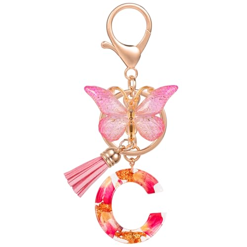 MWOOT Initiale Schlüsselanhänger Buchstabe C Letter Keyring,Alphabet Harz Buchstabe mit Blume Key Chain mit Schmetterling Quaste Anhänger Handtasche Charm,Rosa Blütenblatt Keyring für Frauen(C)