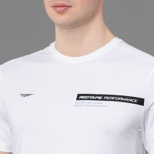 Image of Red Tape Printed White Activewear T-Shirt for Men | Anti Microbial | High Stretch | Quick Dry