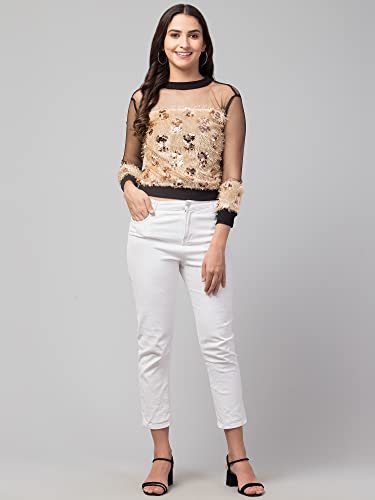 Image of NEOAMBER Women Stylish Sleeveless Sequin Net Western Cami Party Crop Top