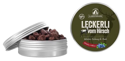 Lakefields Hundeleckerli | Trockenfleischwürfel vom Wild | 50g | 90% Hirschfleisch | Getreidefreie Hunde Snacks mit Kartoffeln & Waldbeeren | Knusprige Belohnung für Zwischendurch | Ohne Zusätze